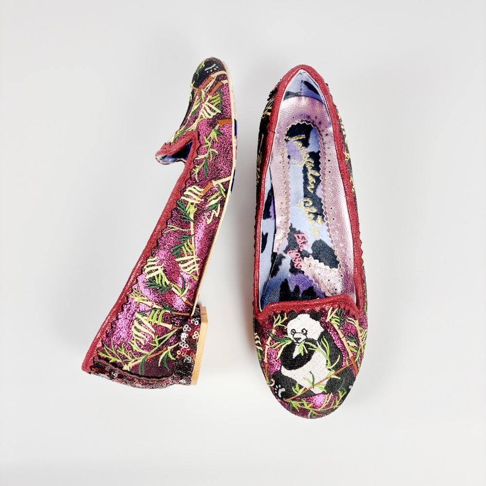 Irregular Choice Panda Pop Loafers Red Gold Embroidered Flats